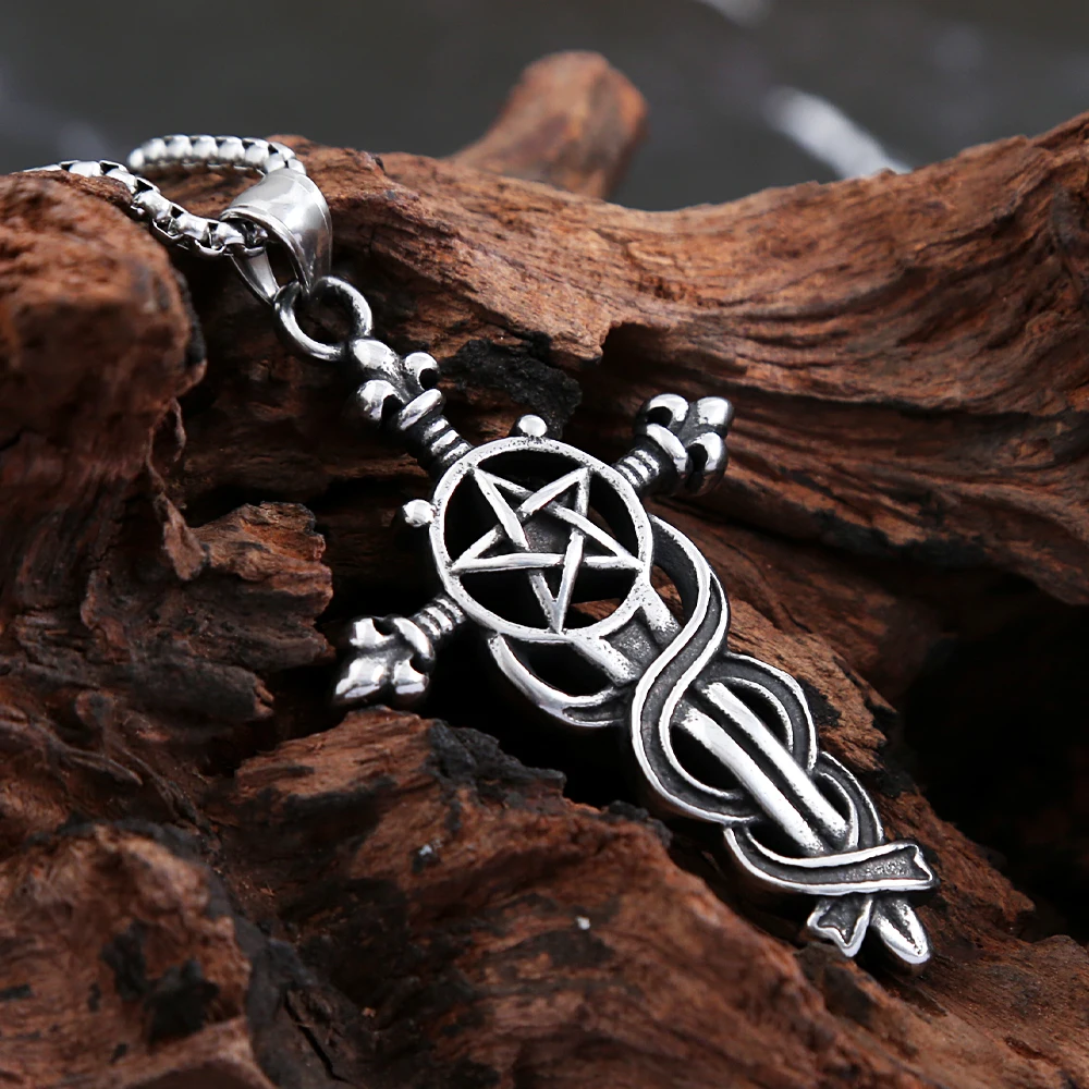 Gothic Vintage Pentagram Swords Pendant Necklace For Men Stainless Steel Punk Biker Corss Necklaces Fashion Jewelry Wholesale