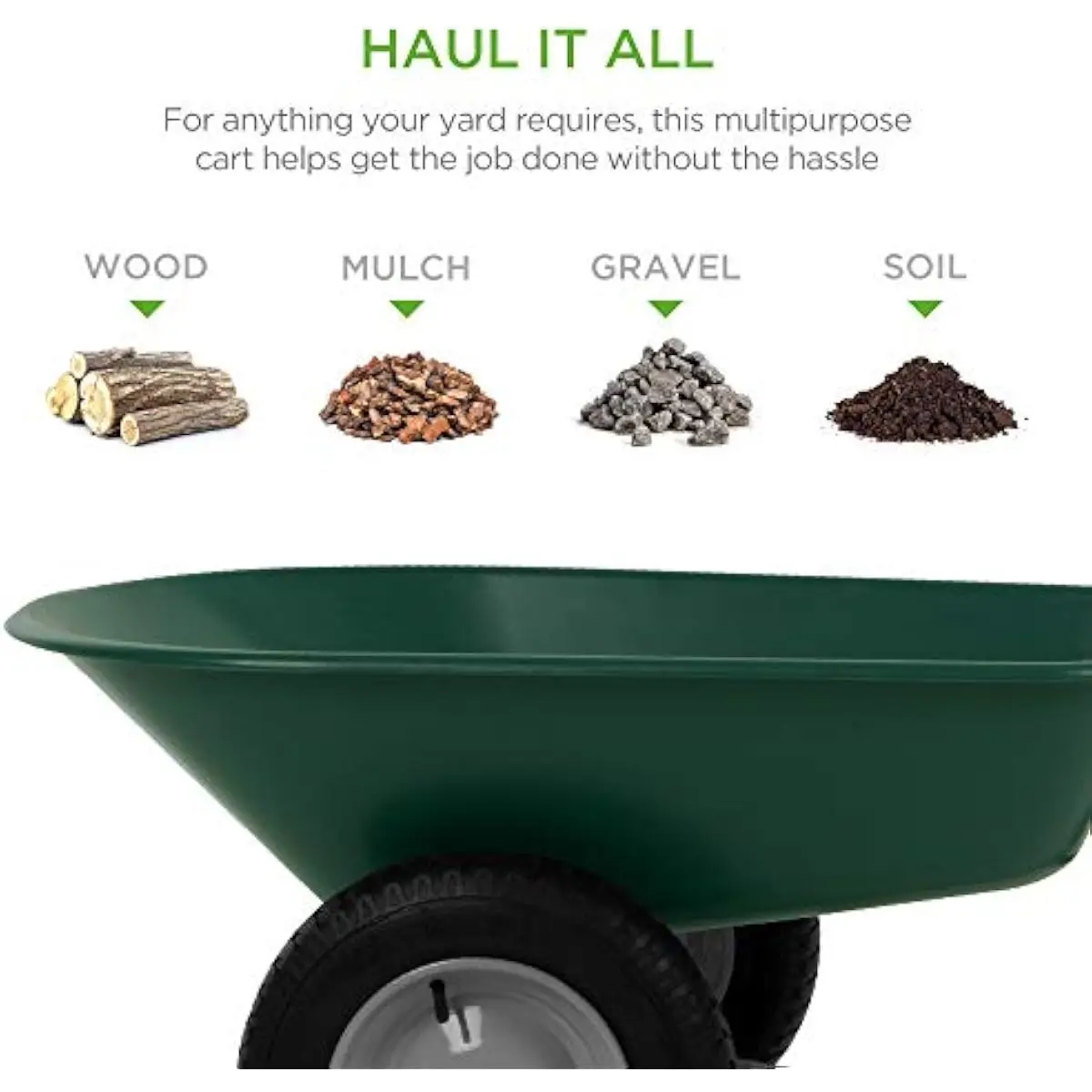 Two-wheel utility cart for yard work gardening construction tasks features inflatable 14-inch tires deep 5-cubic-foot bin padded