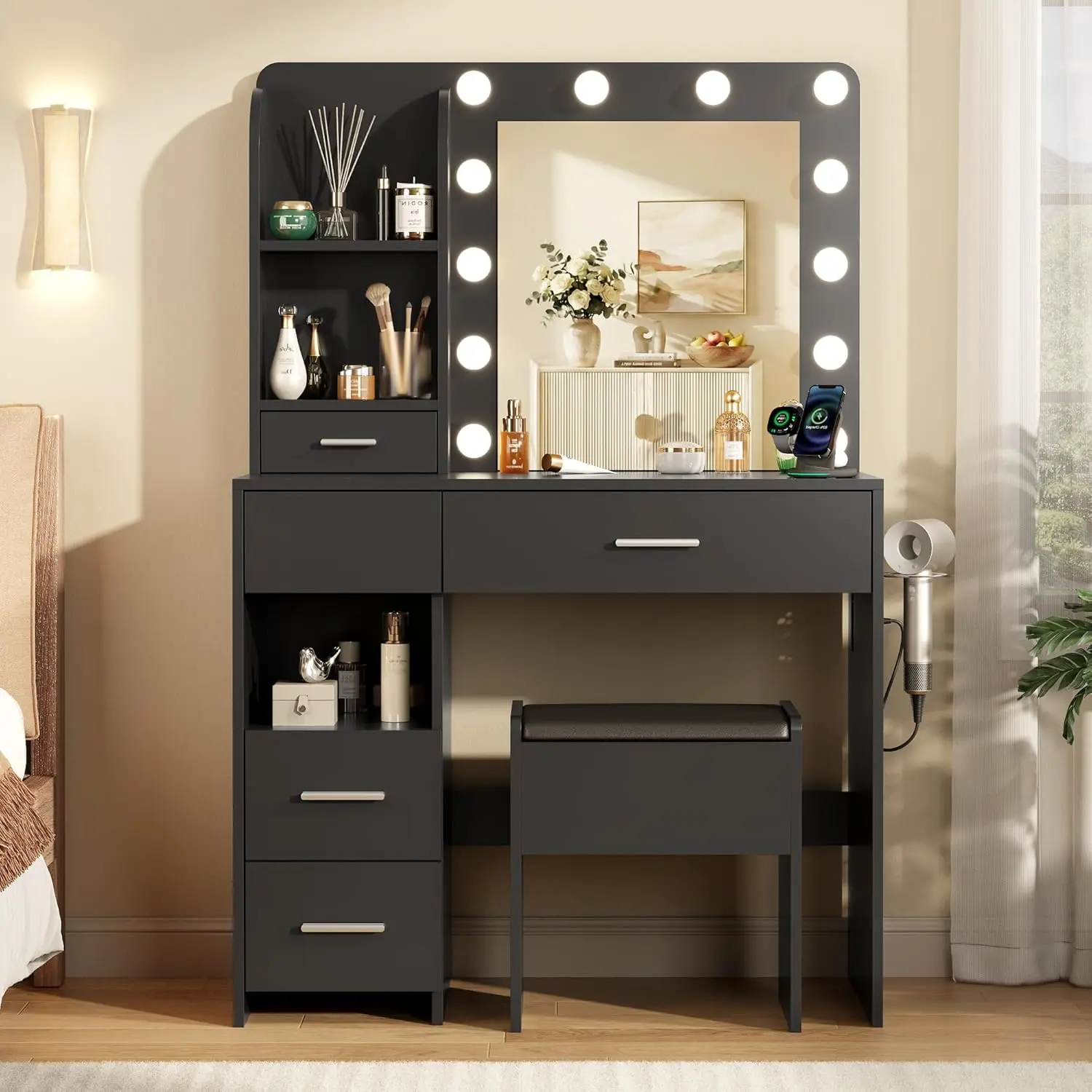 Vanity Desk LED Mirror Power Outlet 5 Drawers 12 Bulbs Stool Storage Hairdryer Rack 3 Shelves Black, Customized