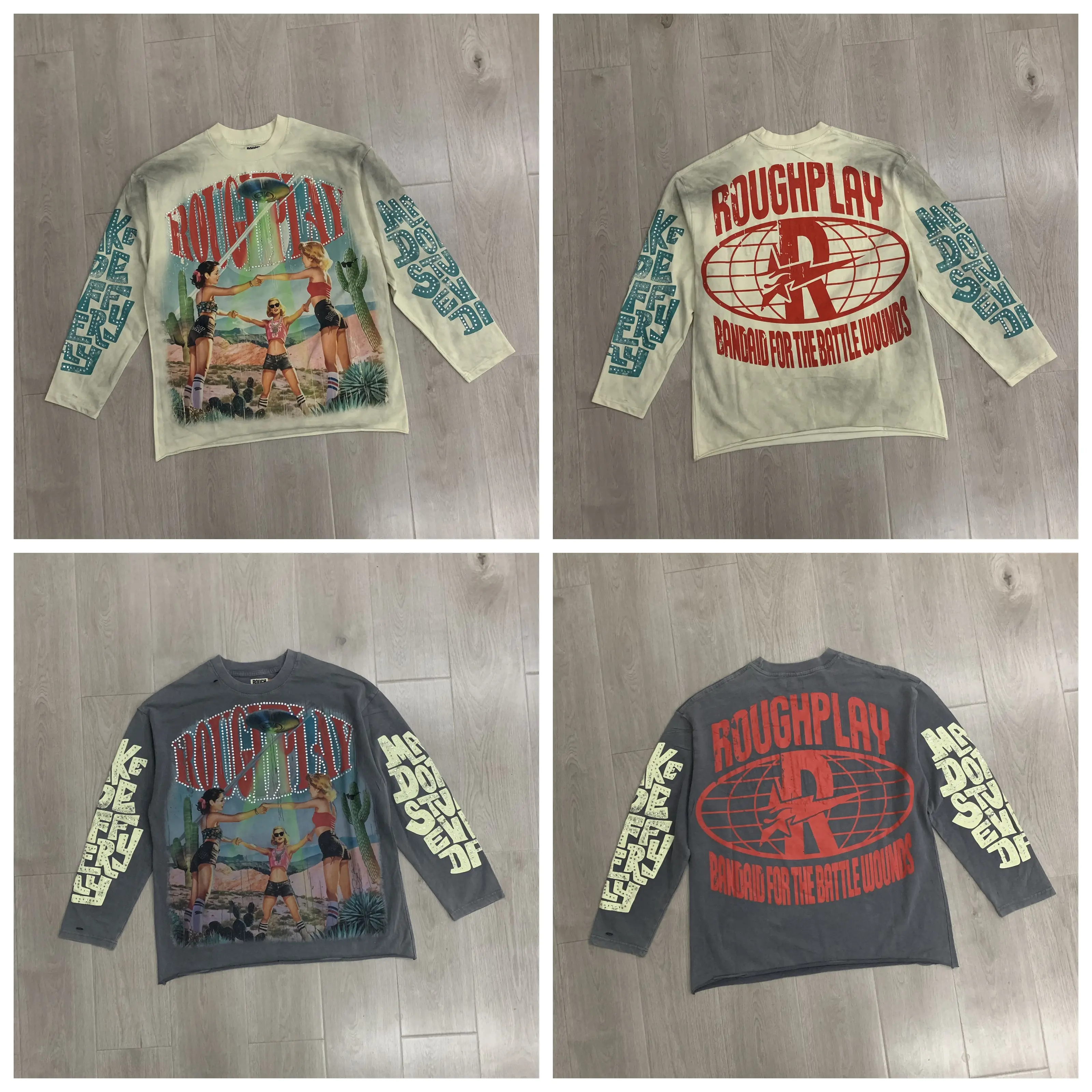 High Quality RoughPlay Lost in Space 2026ss Vintage American Trendy Rhinestone Direct Spray Hole Long Sleeve Men's T-shirt