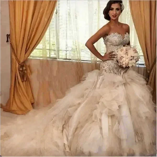 Customized Luxury Beaded Pearls Cathedral Train  Wedding Dress Strapless  Exquisite Appliques Mermaid Bridal Gowns