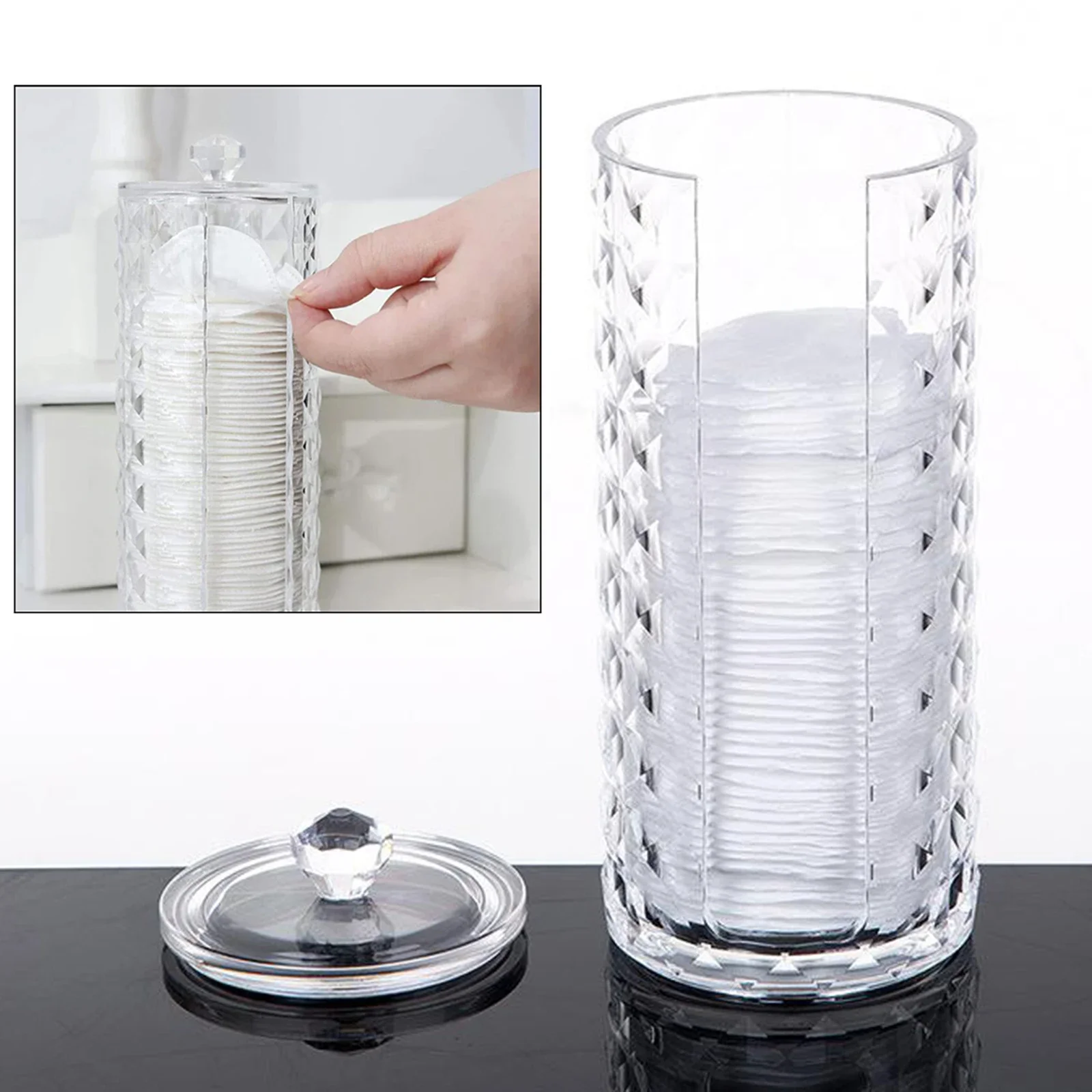 Cosmetic Cotton Pad Round Holder Clear Acrylic Table Top Storage Organizer Box for Makeup Pads and More  for Bathroom or Bedroom