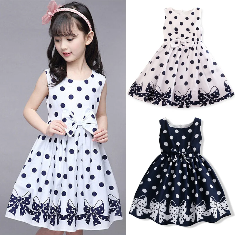 Summer Girls Short Sleeve Dress For Kids Polka Dot Dress Wedding Birthday Party Vestidos 3 6 7 9 12Year Children Casual Clothing