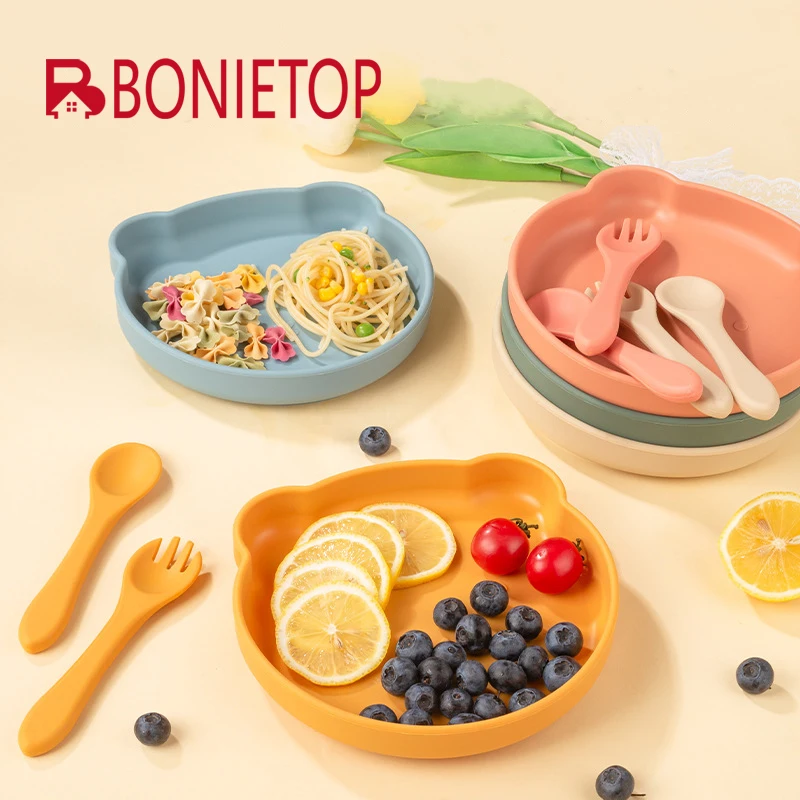 

BONIETOP Baby Food Supplementary Meal Tray Silicone Suction Cup Tableware Self-Eating Food Training Cartoon Tray Soft Spoon Fork