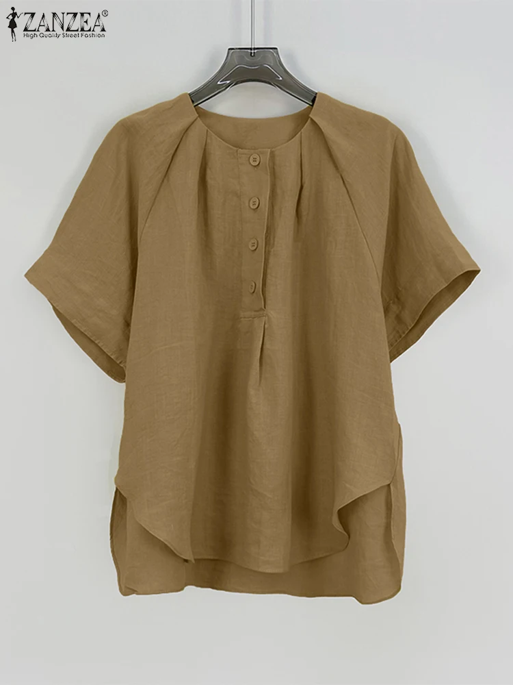 

ZANZEA Women Street Fashion Blouses Summer Casual Round Neck Short Sleeve Half-Buttons High-Low Blusas Mujer Solid Color Tops