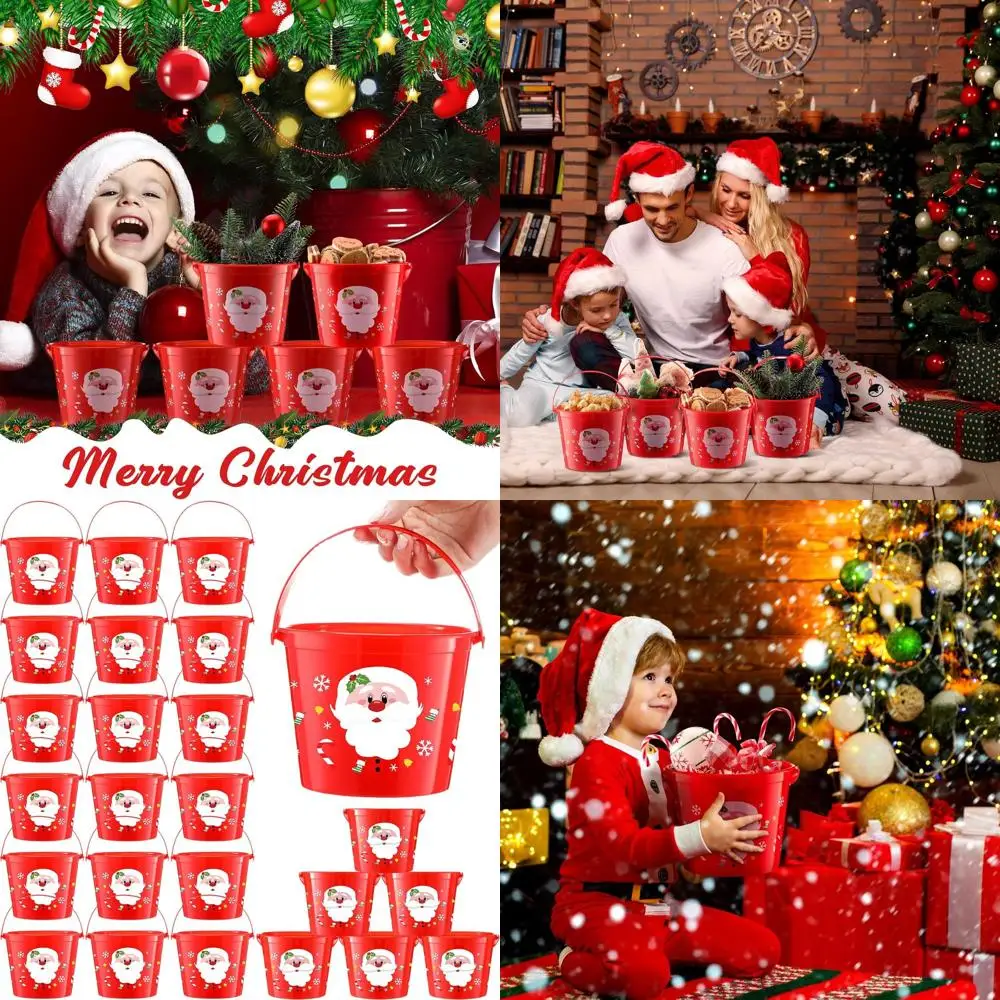 

Bulk 24 Pack Plastic Christmas Buckets with Handles, 5.71x4.53x4.53 Inches, Santa Themed, Ideal for Gifts, Candy, Toys, and Holi