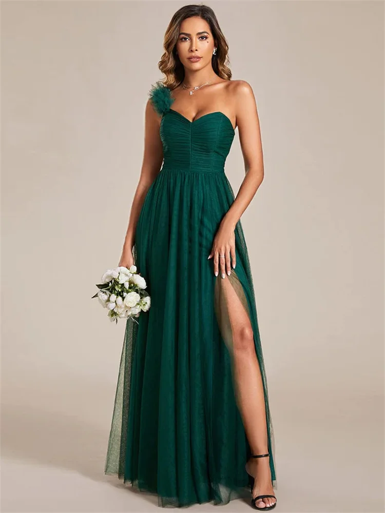 

Hot Selling One-Shoulder Sleeveless Tulle Bridesmaid Dress Open Back Zipper High Slit Maxi Length Gowns For Wedding Guests 2024