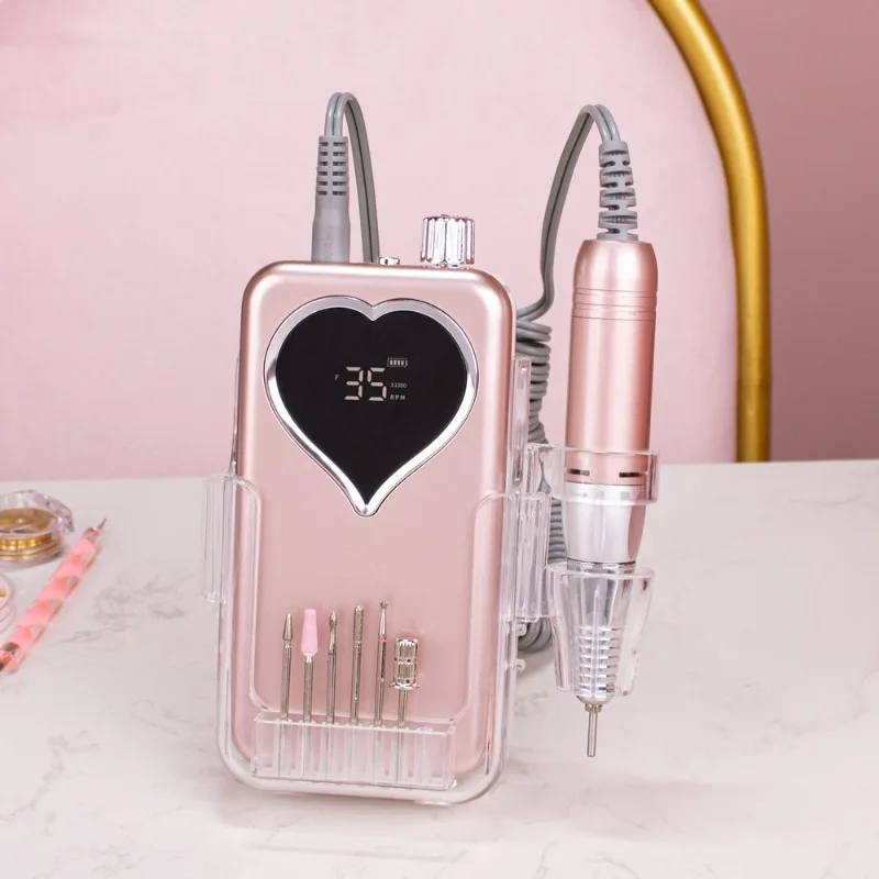 Portable Base Desktop Heart Cordless Nail Drill Machine 35000RPM Rechargeable Manicure Electric Nail File Wireless Rose Gold