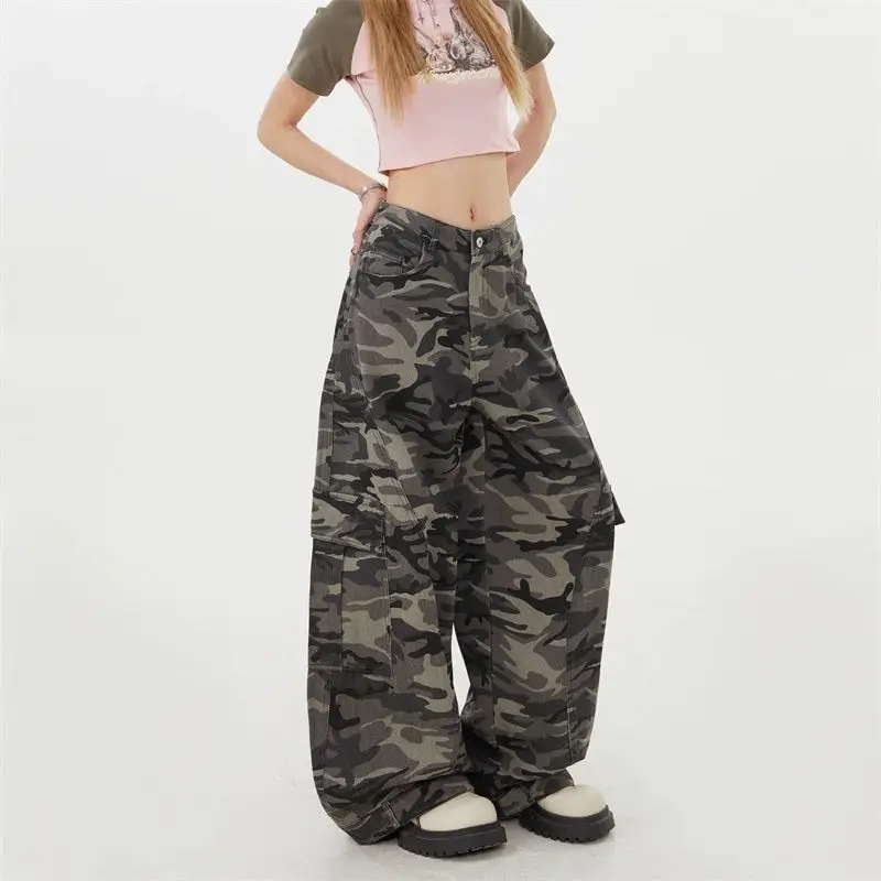 Women's Large Side Pocket Curved Wide Leg Camouflage Pants Street Cool Girl Bottoms Female Unisex High Waist Loose Trousers
