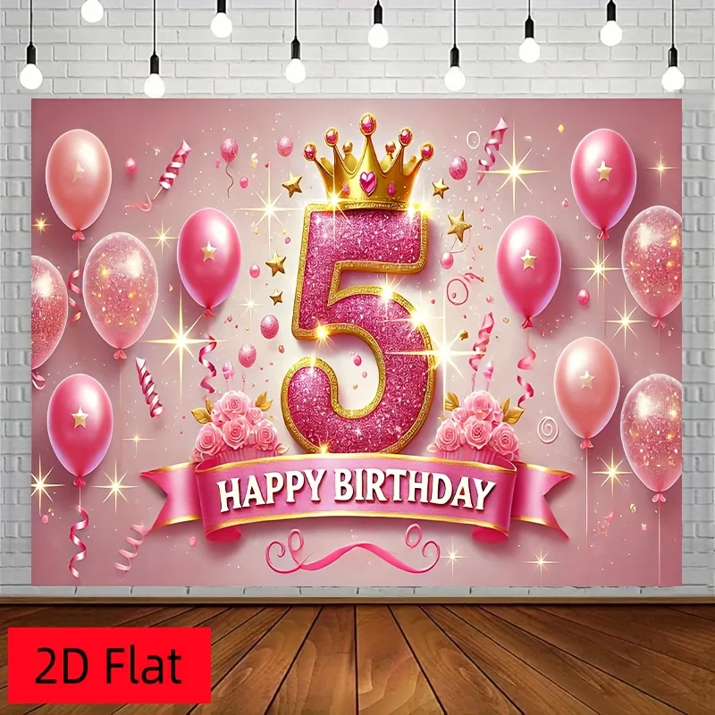 5th Birthday Glitter Balloon Tapestry, Pink Sparkle Number 5 Design, Kids Party  for Birthday Photo Backdrop and Room Decor