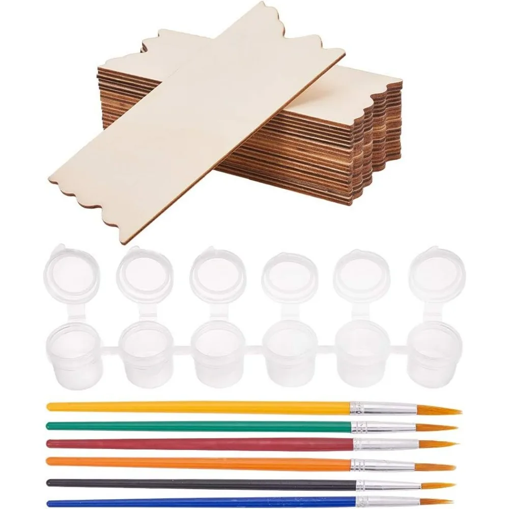 20 Pack Unfinished Wood Sign Wood Pieces with 2 Strips 5ml Mini Paint Pot Pod Strips, 6 of Set Brushes Pen for Schools, Summer