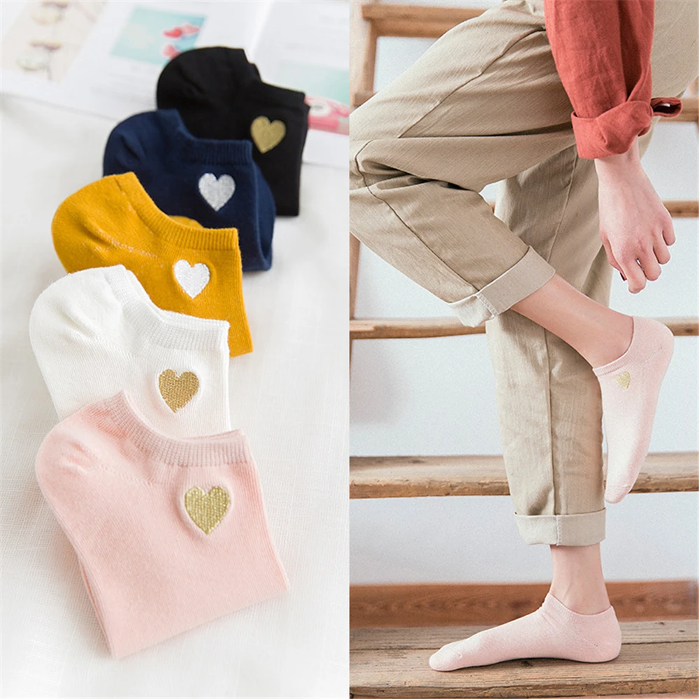 Summer Cute Embroidery Gold Silver Love Heart Socks Women Creative Lovely Funny Glitter Art Ankle Calcetines Dropship