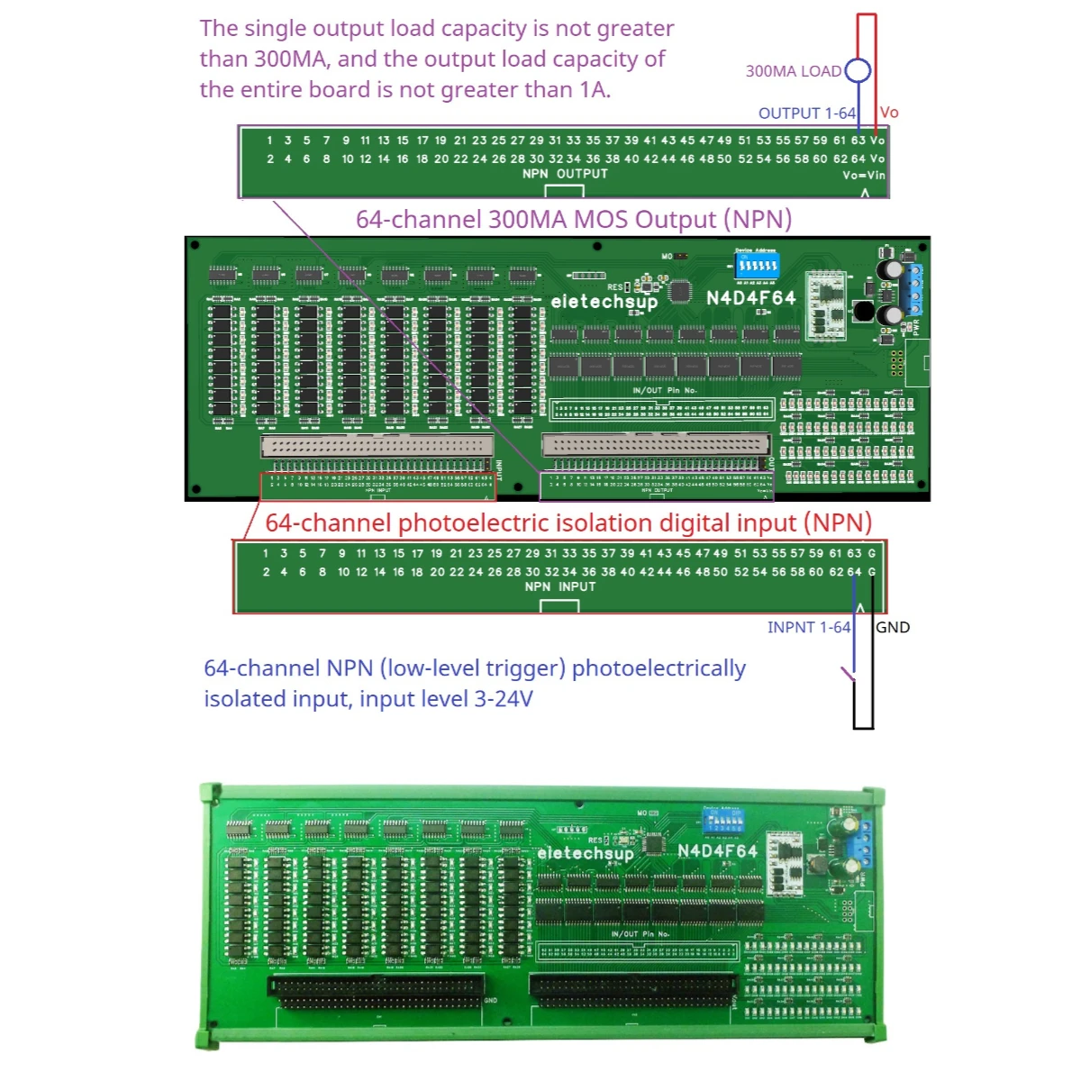 

64DI-64DO DC12V 24V RS485 Modbus RTU Isolate Communication PLC IO Expansion Board Digital Switch Quantity NPN Input Output Port