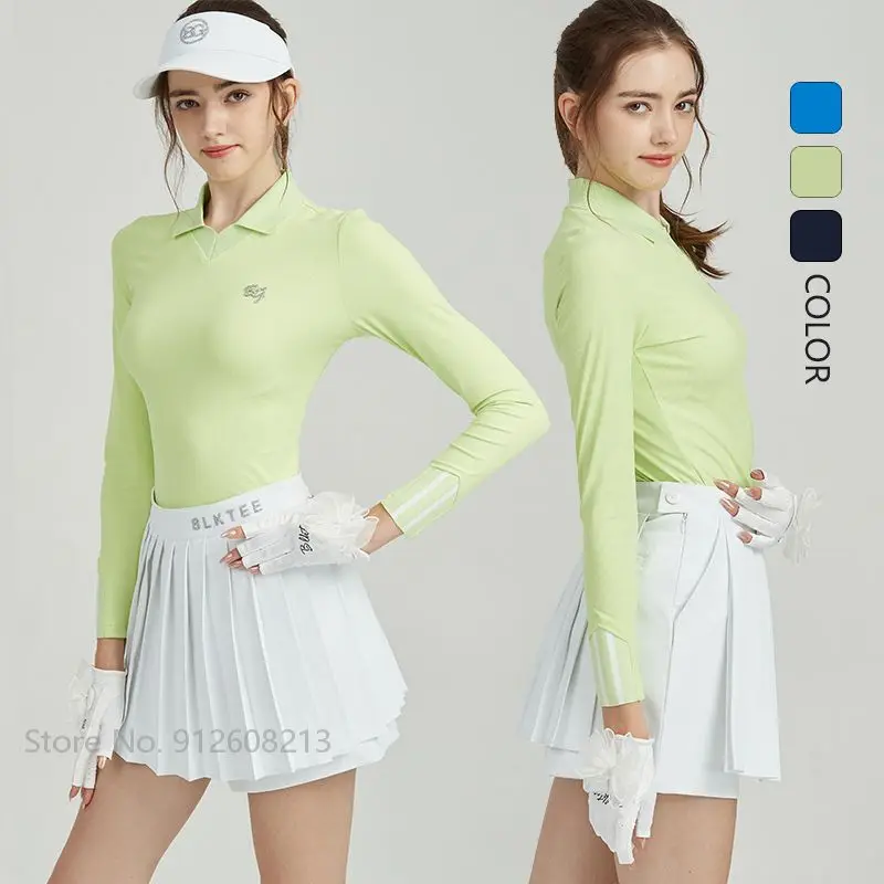 

Blktee Long Sleeve Women Tops V Neck Slim Golf T-shirt Lady Golf Pleated Skirt High Waist Anti-exposure Sports Skirt Suit S-XXL