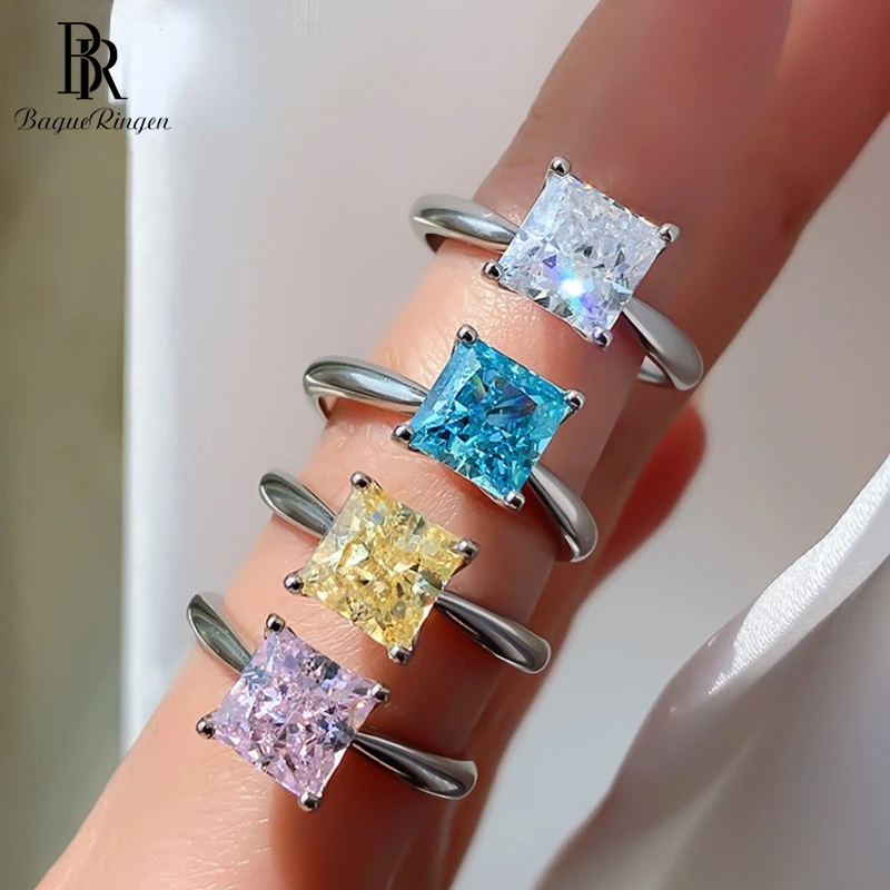 

Bague Ringen 925 Sterling Silver 4 Colors Diamond Rings For Women Simple 7*7mm 1.5 Carats Square Gem Wedding Party Female Gifts