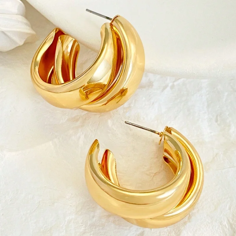 Creative Exaggerated C- shaped Studs Geometric Large Ear Clips Female Metallic Mirror Temperament Simple Earrings 1 Pair