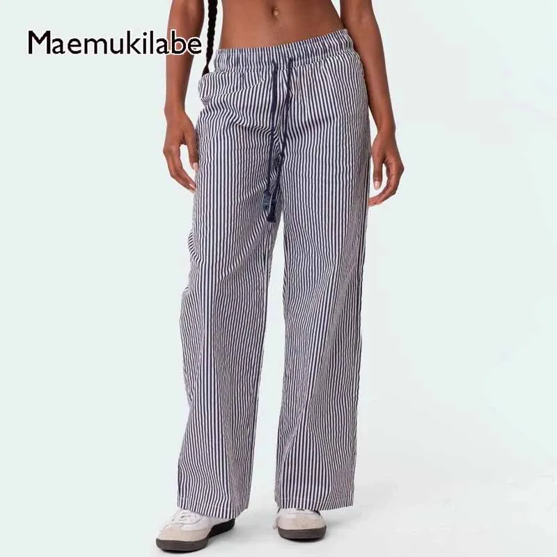 

Maemukilabe Casual Striped Print Pants Women Drawstring Elastic Waist Wide Leg Pants Loose Lounge Trousers Streetwear Pajamas