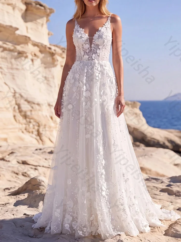 Customized White Tulle A-Line Appliqued Sleeveless Wedding Dresses Elegant Backless Celebrity Dress High Quality Prom Party Gown