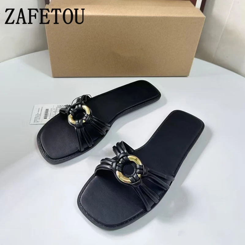 Zafetou Shoes Women 2024 Trend Autumn New Square Toe Exposed Metal Round Buckle Weave Leisure Flat Bottom Lady Slippers