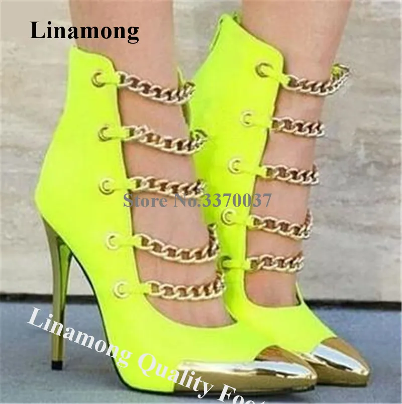 Gold Chains Short Boots Linamong Metal Chains Decorated Stiletto Heel Yellow Leopard Stiletto Heel Ankle Booties Party Heels