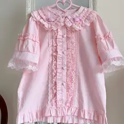 New Japanese Lolita style women's long short sleeved cute Peter Pan neck lace ruffled princess shirt