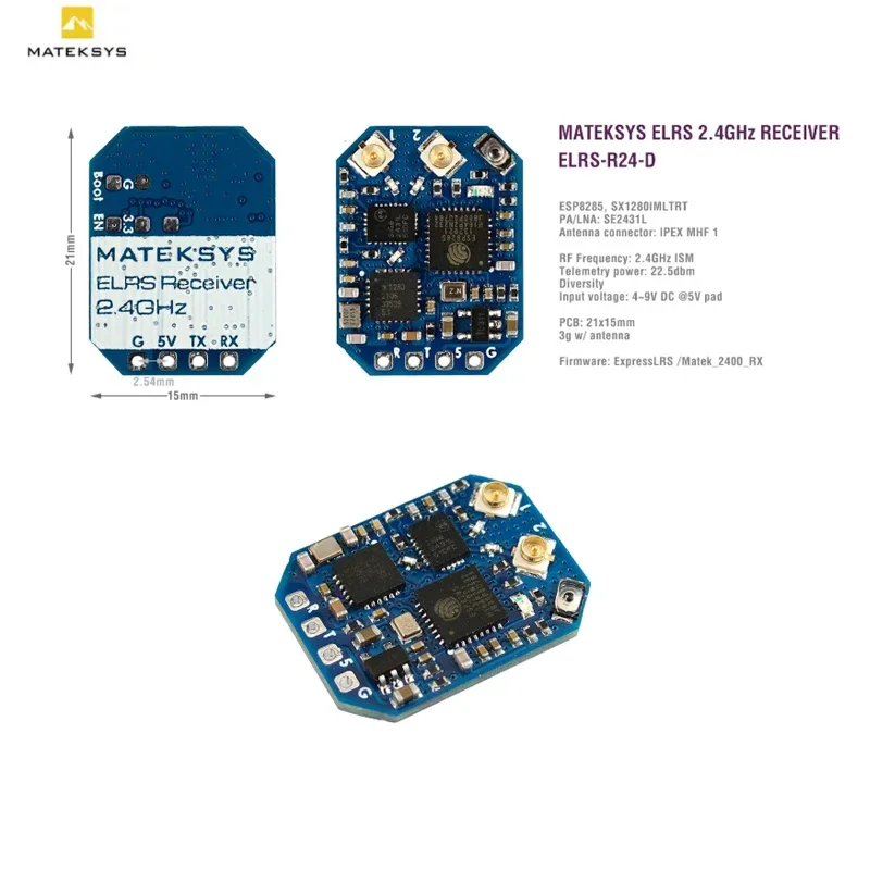 Receptor MATEKSYS ELRS-R24-D 2.4G - Protocolo ELRS, CRSF, tamanho Nano/Micro/Mini, para sistemas RC de longo alcance FPV Racing Freestyle