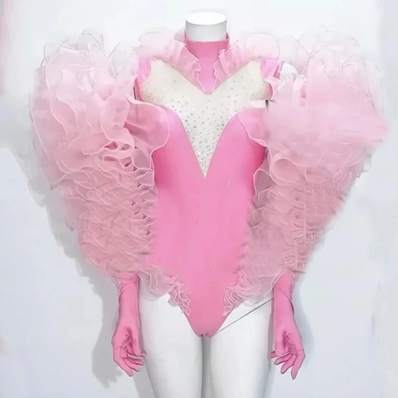 

Fluorescent Pink Lace Puff Sleeves Bodysuit+Gloves Set Gogo Costumes Bar Nightclub Singer Pole Dance Clothing Stage Rave Outfit