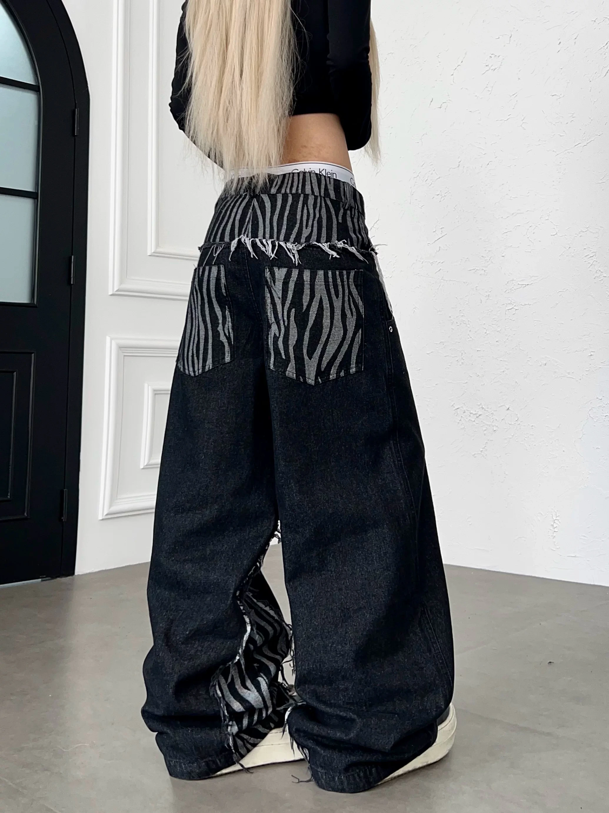 Retro American Splicing Zebra Pattern Decomposition Double Waist Hipster Subculture Jeans Men's Wide Leg Knife Long Trousers