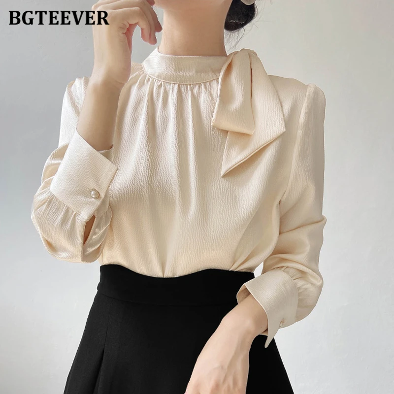 BGTEEVER Stylish Bow Neck Ladies Satin Blouses Autumn Elegant Loose Female Pullovers Tops Long Sleeve Women Shirts