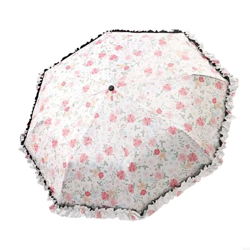Windproof Umbrella Floral Print Lace Clasp Black Coated Fabric Sun Shade B95B