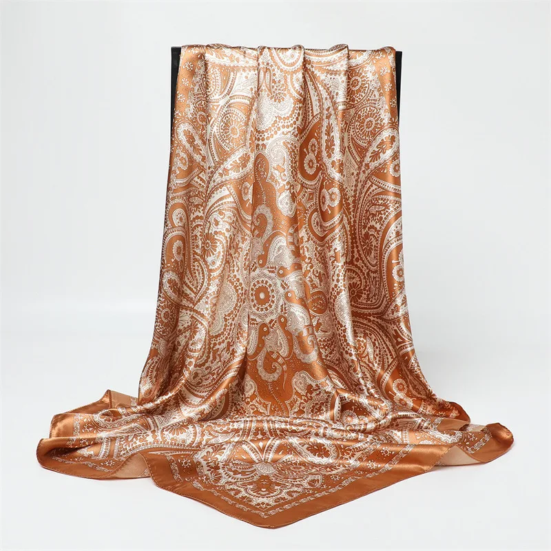 90*90cm Damen Mode Bedruckter Quadratischer Schal Großer Seidenschal Luxuriöses Strandtuch Wickeltuch Damen Hijab Halstuch – Detail 25