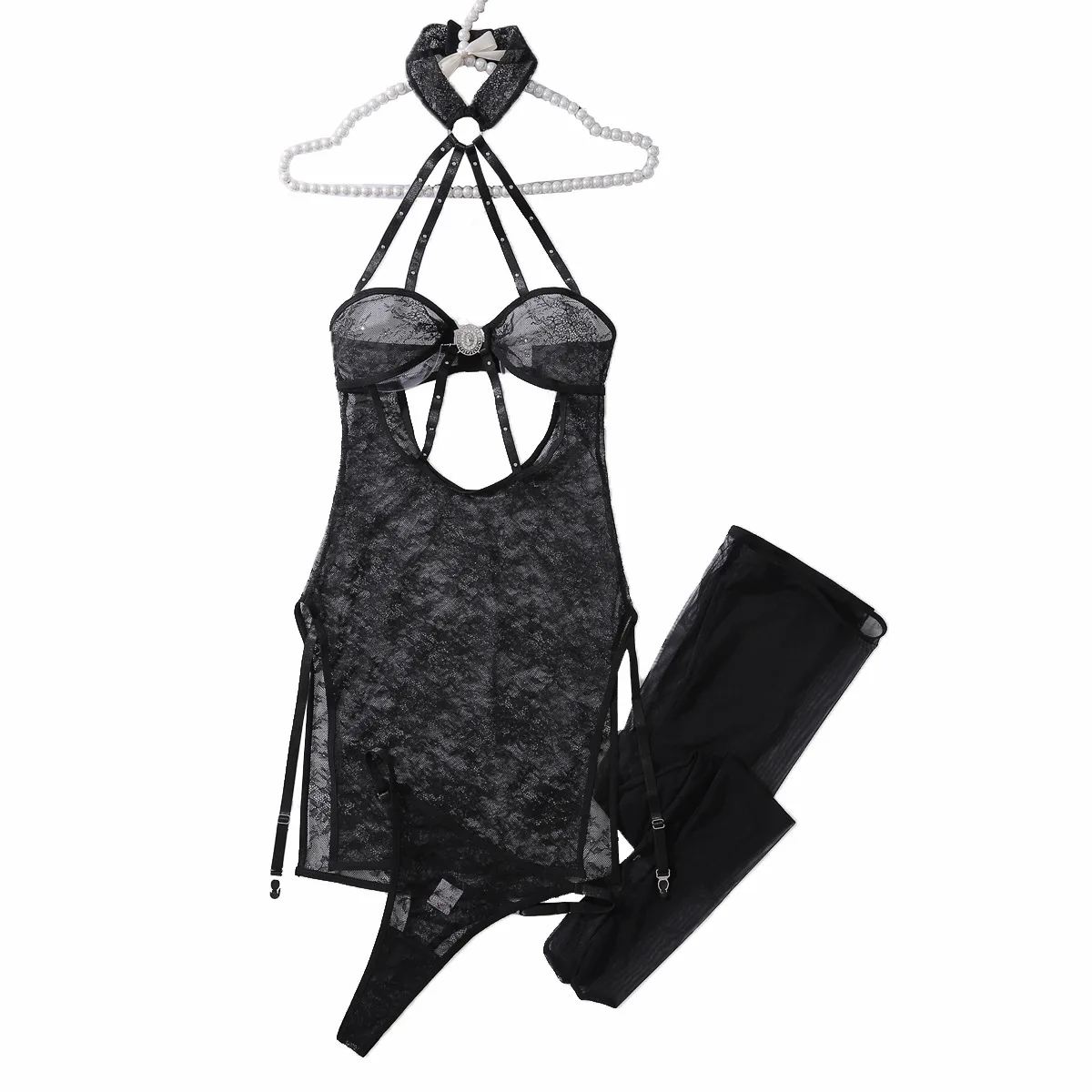 เซ็กซี่คอเชือกแขวนคอชุดชั้นในลูกไม้มุมมองกลวงเปลือยถุงน่องเย้ายวนชุดสามชิ้น