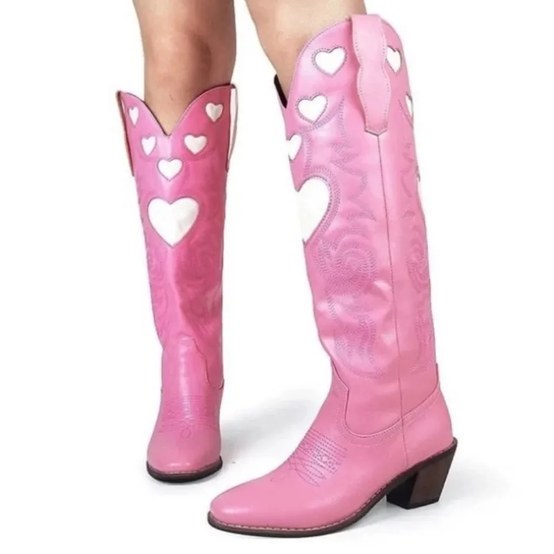 Embroidery PU Leather Pointed Toe Knee-High Women Western Boots Chunky Middle Heels Slip On Design Large Size Cowboy Shoes