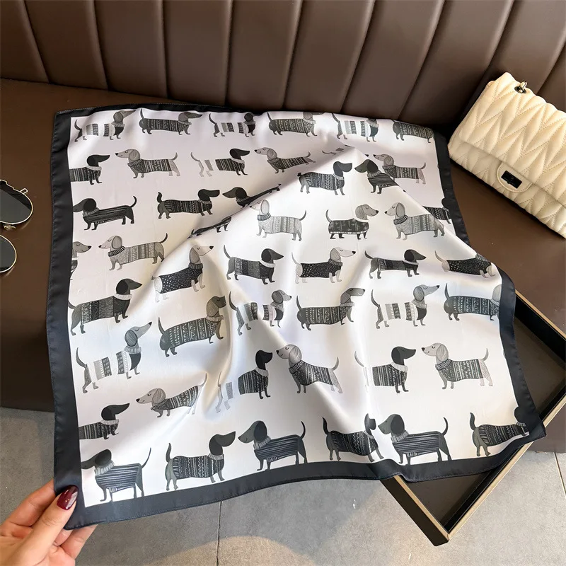 Quadratischer Seidenschal mit süßem Hundemuster für Damen, Hijab, Haarbänder, Halstuch, weiblicher Satin-Schal, Band, Stirnband, modische Wickel, Bandana – Detail 11