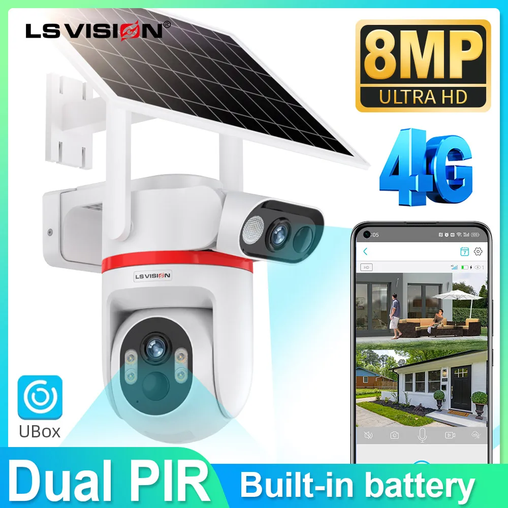 

LS VISION Dual Lens Outdoor Surveillance Camera 4G SIM Security Cameras Built-in Batteries Powered Panel Humanoid Auto tracking