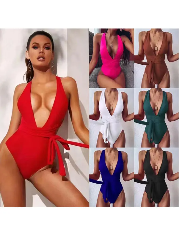 

Summer Faion Women's One-Piece Swimsuit Ne Hanging V-Ne Pure Color Strap Sexy e L9073 Knot Casual Swim...
