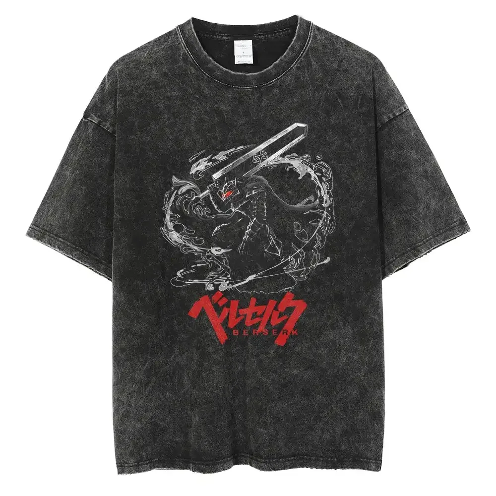 

Anime Wash T-shirt 100% cotton short sleeved street clothing top Vintage manga fashion oversized T-shirt for men