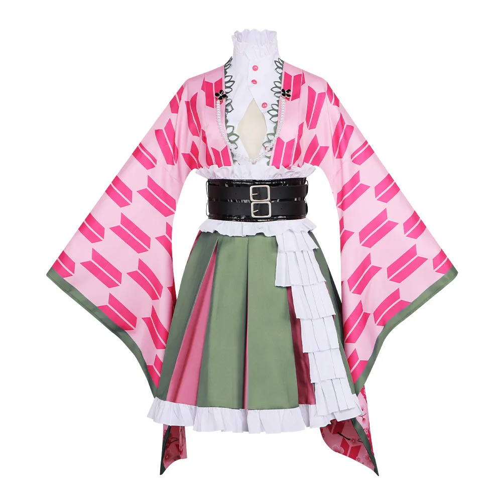 

Kanroji Mitsuri Cosplay Costume Pink Arrow Print Kimono with Green Skirt and Black Belt for Anime Fans Halloween Carnival Party