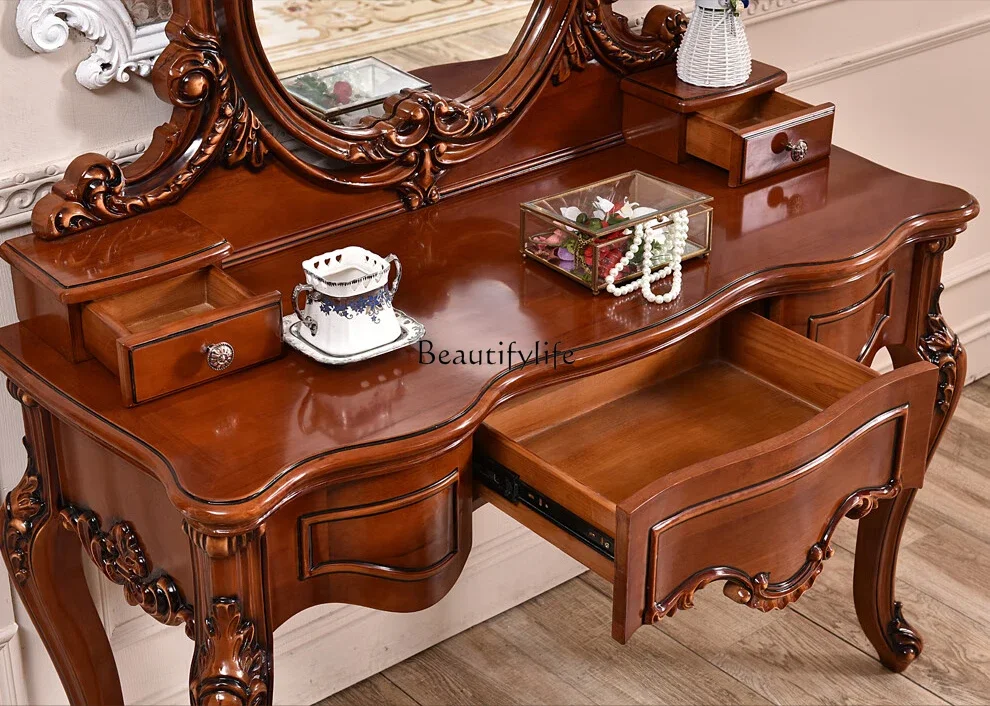 yj9European-style all-solid wood makeup table, makeup mirror, makeup stool combination, bedroom storage integrated high-end