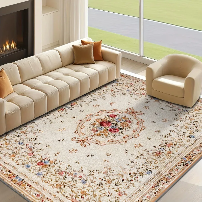 Classic Country Style Floral Flannel Carpet Non Slip Floor Rug Home Decor Mat for Living Room Bedroom Indoor House Floor Decor