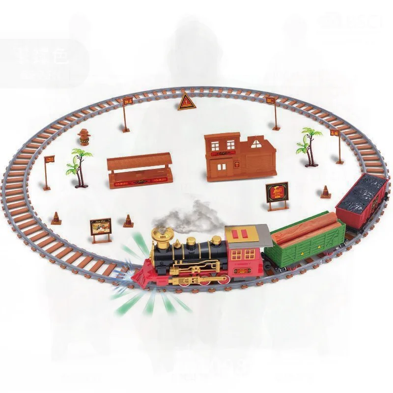 ชุดรางรถไฟไฟฟ้าพร้อมไฟพ่นควันและเสียงเพลงสำหรับเด็ก ของขวัญคริสต์มาส ประกอบฉากรถไฟของเล่นสำหรับเด็กผู้ชาย