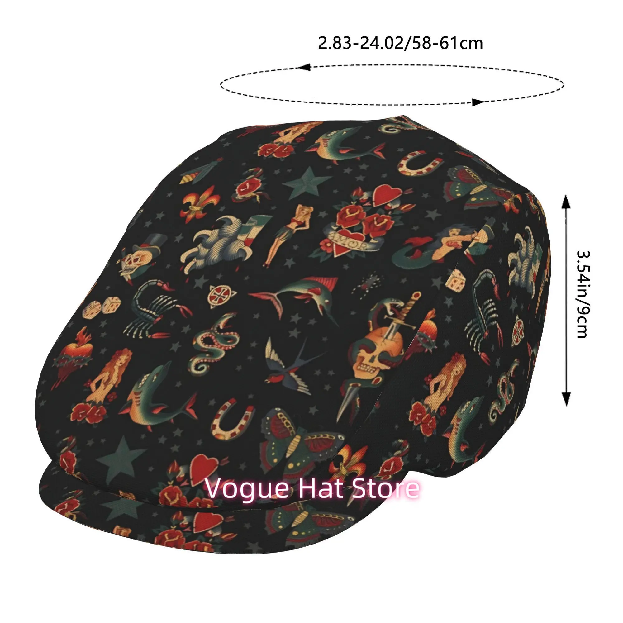 1pc Vintage Tattoo Icon Collection All-over printed beret,  newsboy cap, unisex, a must-have fashion accessory for outdoor leisu