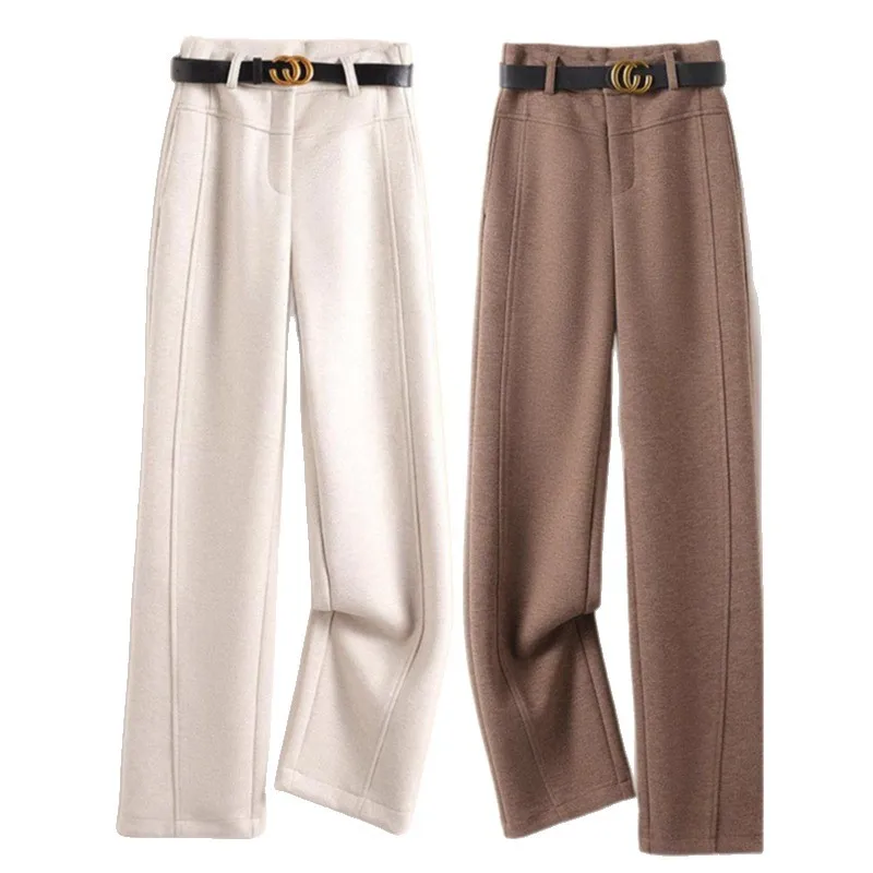 Pantalones estrechos color camel para mujer y pantalones casuales drapeados de cintura alta de invierno, pantalones de traje holgados y ajustados