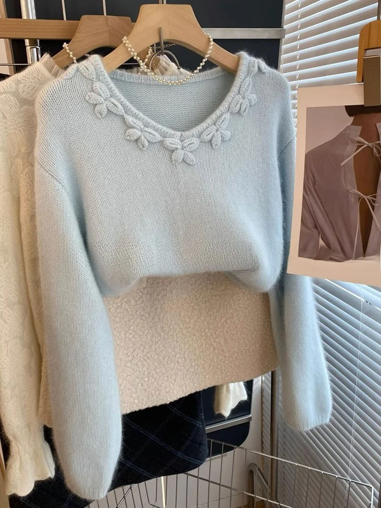 سترة محبوكة ناعمة ومريحة طويلة Sve V-Ne من Ele Lazy Sle، تصميم ثلاثي الأبعاد مثقوب، دفعة صغيرة فريدة من نوعها، حقيبة كورية... #3