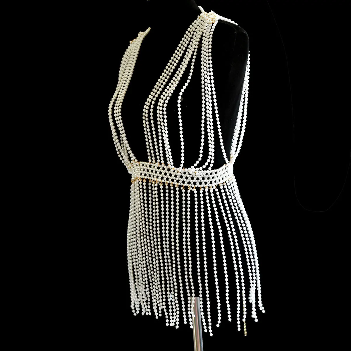 New hand-woven pearl harness bra fringe long skirt body chain