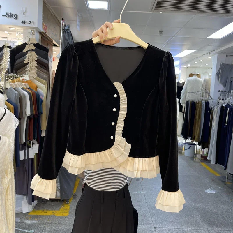 

Shirts Women Tender Korean Style Ruffles Chic Popular Simple Classic Autumn All-match Long Sleeve Patchwork Slim Femme Vintage