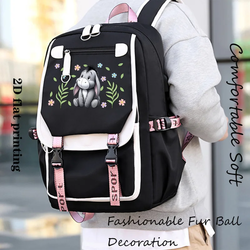 قطعة واحدة من حقيبة ظهر Eeyore & s متوافقة مع الكمبيوتر اللوحي/الكمبيوتر المحمول، حقيبة كتب ذات سعة كبيرة مع طباعة Eeyore، حقيبة سفر خفيفة الوزن لـ & (2D