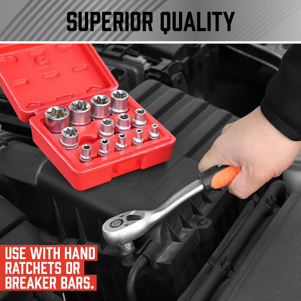 Household tools E-Torx Star Socket Set with Case 1/4, 3/8, 1/2 in. Drive External Star Socket Set E4-E24 Torque Socket Set