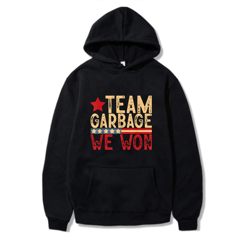 Trump Sweatshirt Team Garbage We Won Text Flag Print Simple Style Streetwear Hoodie For Men Women Birthday Gift