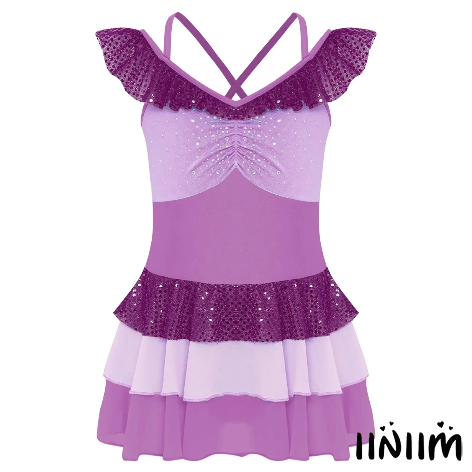 

Kids Girls Pretty Ballet Dance Costume Shiny Sequins Rhinestones Ruched Tiered Ruffled Dress for Figure Skating Performance